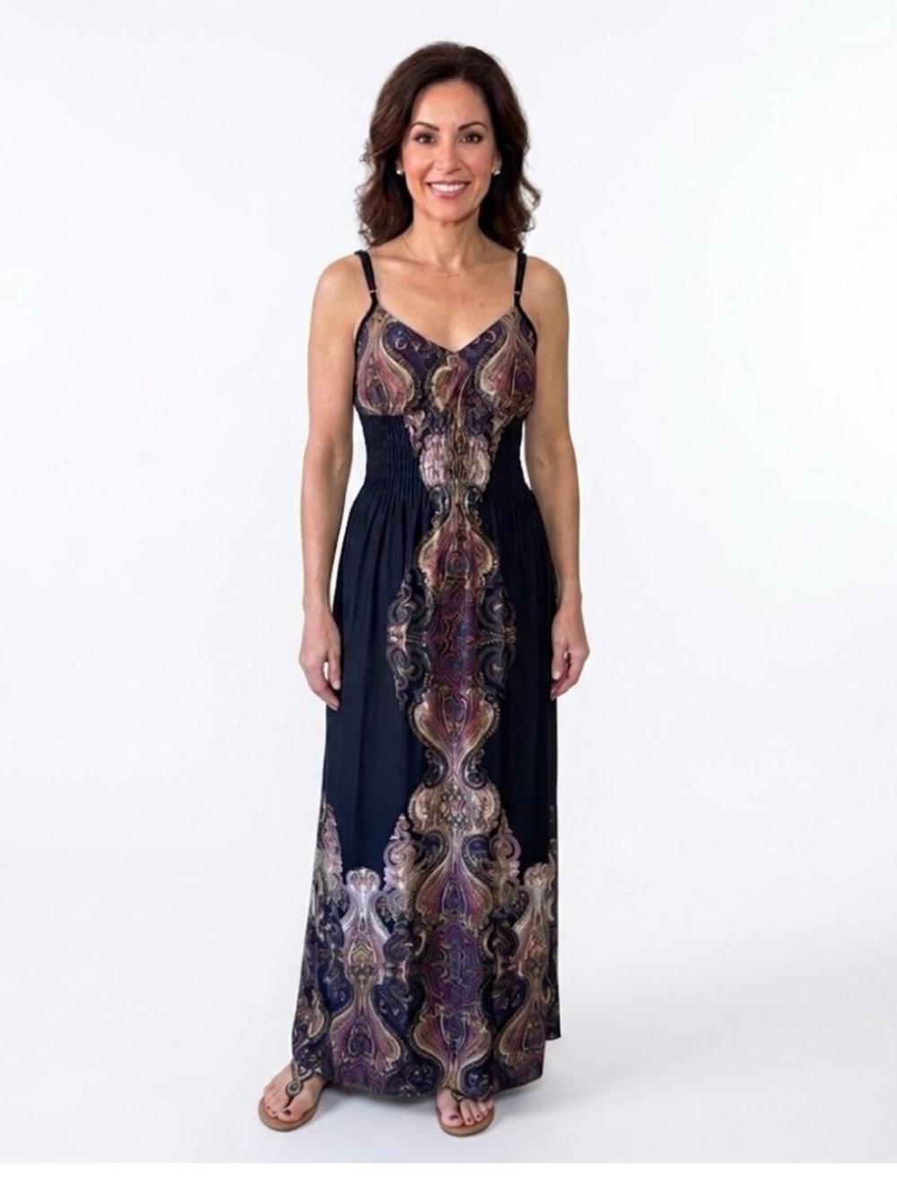 Snap Boho Paisley Print Maxi Dress Black Multi Slinky Empire Waist Small Size L